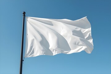 Blank White Flag Mockup Waving on Flagpole Against Clear Blue Sky for Branding Presentation Advertising Corporate Identity and Design Template Use