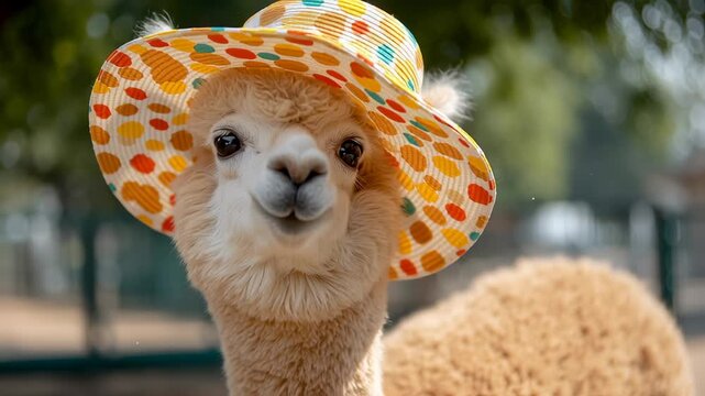 Under a bright sun, a charming llama with a playful demeanor enjoys the day, wearing a vibrant, polka-dotted sun hat that adds to its allure and whimsical nature