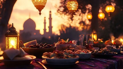 Ramadan Iftar table setting with Dates Dry Fruits and other nuts Mosque in Background