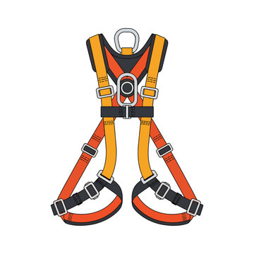 Safety harness with orange and yellow straps and black buckles on a white background
