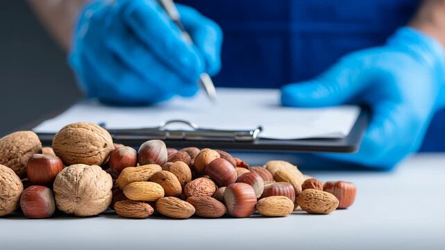 In a well-lit workspace, a diligent worker with blue gloves checks the quality of pine nuts. They hold a clipboard, carefully noting details while examining different types of nuts