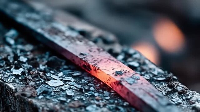 Blacksmith forging metal with hammer and anvil in workshop close up