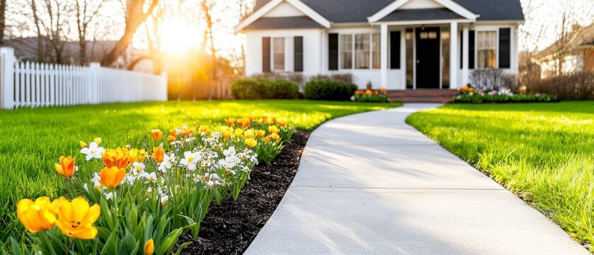 Beautiful Suburban House with Vibrant Spring Flowers and Sunny Lawn