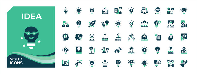 Idea colorful filled icon collection. Includes symbols for ai, brain, plan, light, invention and more. Minimalist icons collection. Plan icon set. Vector illustration in modern solid style. © Hashi