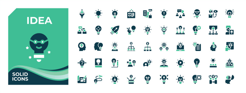 Idea colorful filled icon collection. Includes symbols for ai, brain, plan, light, invention and more. Minimalist icons collection. Plan icon set. Vector illustration in modern solid style.