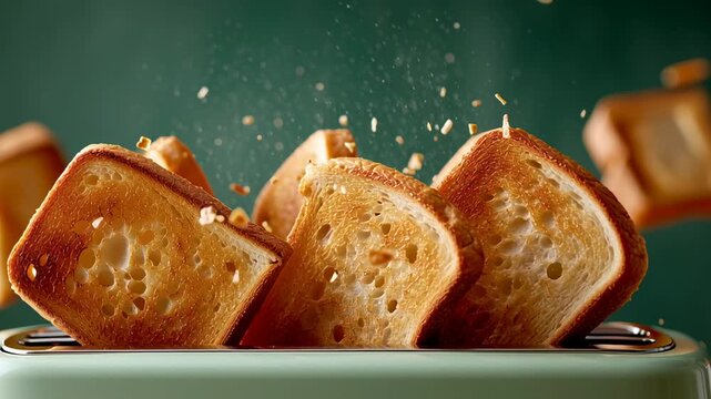 Delicious slices of perfectly roasted toast spring from a classic toaster, showering crumbs in the air. Each slice, golden and inviting, promises a delightful breakfast experience at any time
