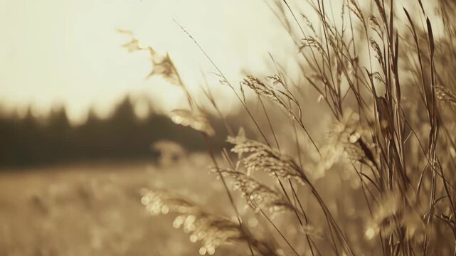 Tall common reeds standing in a field catching the warm, soft sunlight, creating a peaceful and serene natural scene with a blurred tranquil rural background