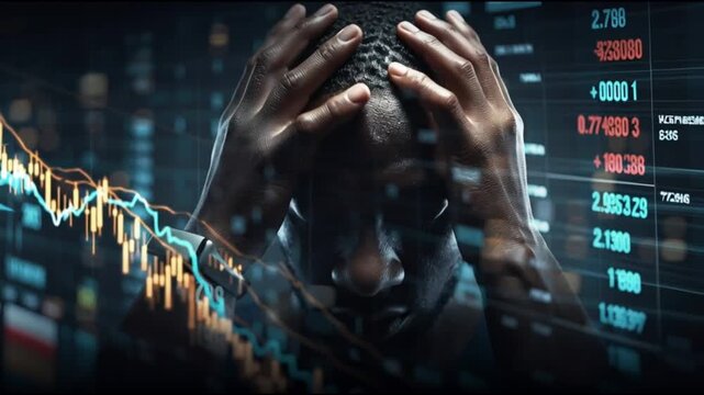 Recession fears stock market volatility. Economic downturn. Market uncertainty. Trading instability. Risk pressure. A person stressed over fluctuating stock market data.