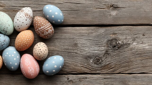 Colorful happy easter eggs arranged on rustic wooden background for spring holiday celebration, festive seasonal decoration for easter basket and home decor