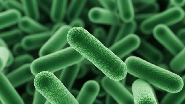 Green bacteria cells under a microscope in a scientific environment