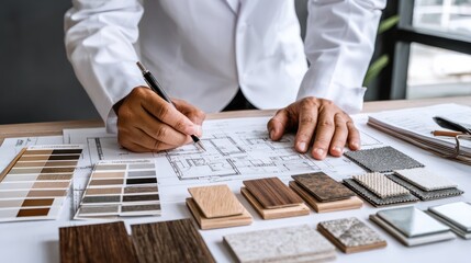 Designer Hands Arranging Color Swatches and Material Samples.