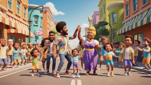 Cheerful cartoon family dancing in the street, colorful buildings