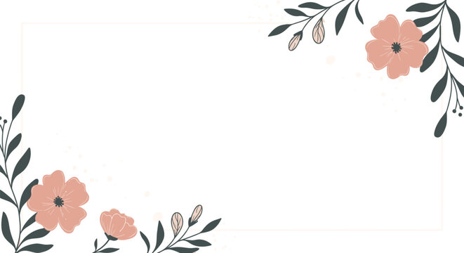 Pink flowers and leaves border on white background for decoration or design