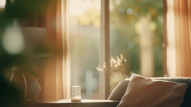 Inviting living room with a cozy sofa, decorative pillow and side table holding a lamp and glass, bathed in warm afternoon sunlight through a large window for peaceful relaxation