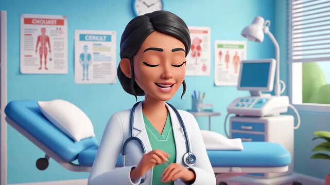 Animated doctor smiling in a bright, blue medical office