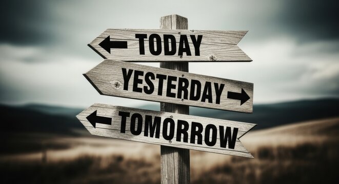 Time directional signpost: Today, Yesterday, Tomorrow
