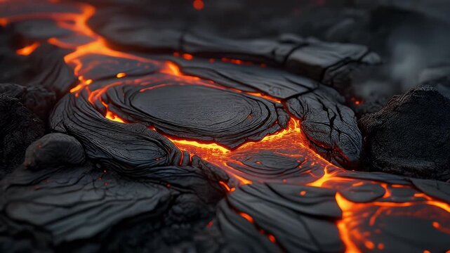 Close-up view of molten lava flowing over dark, solidified volcanic rock, glowing with intense orange and red heat.