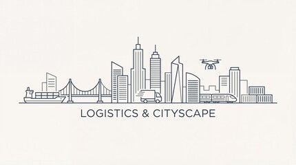 Fototapeta premium City Logistics and Transportation Network Line Art Illustration with Urban Skyline