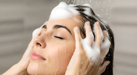 Naklejka premium Close up of beautiful young woman washing her hair with shampoo foam in the shower