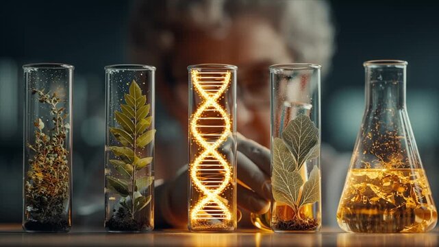 Female Scientist Working in Laboratory with Test Tube Containing Plant and DNA Helix Biotechnology Concept