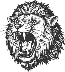 Roaring lion head with open mouth and sharp teeth detailed black and white illustration