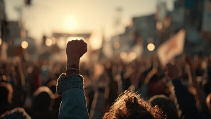 Fototapeta premium Crowd of diverse individuals raising fists in solidarity during a protest at sunset, with blurred banners and a stage in the background