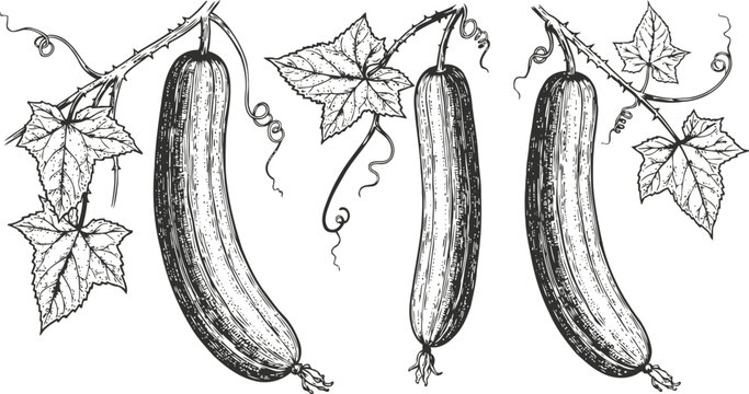 cucumber illustration with leaves and tendrils detailed botanical drawing of fresh garden cucumbers