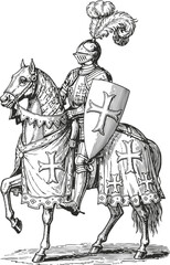 Fototapeta premium Medieval knight in armor on horse with shield and plume, historical crusader warrior illustration