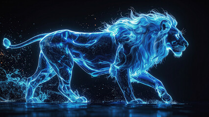 青く光るライオンの立体的で幻想的なエフェクトと水、黒い背景