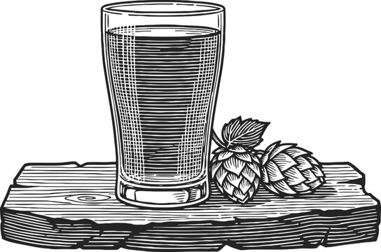 Glass of beer with hop cones on wooden board vintage engraved alcoholic beverage illustration