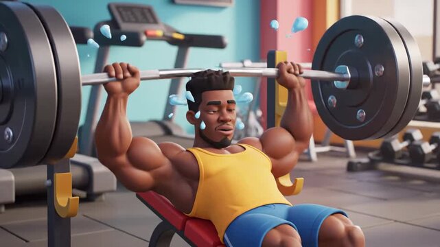 Cartoon weightlifter bench-pressing, with a worried expression