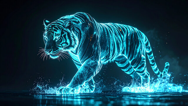 青く光るトラの立体的で幻想的なエフェクトと水、黒い背景