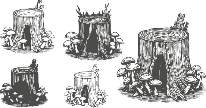 Vintage hand drawn tree stumps with mushrooms forest nature elements sketch old wood logs, hollow trunks collection