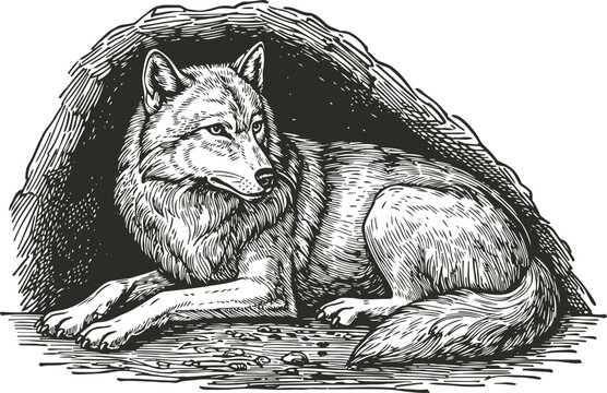 lying wolf resting near den entrance detailed black and white wild animal sketch illustration
