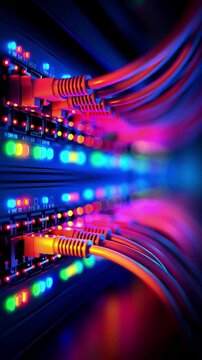 Network cable connection with glowing LED lights, technology server data center, vibrant orange cables plugged into network switch, futuristic digital communication infrastructure, high speed