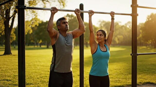 Couple doing pull-ups in park