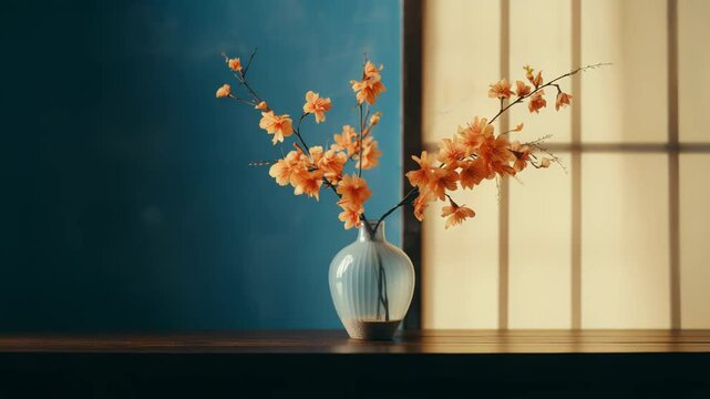 Delicate orange blossoms arranged ikebana style in a ribbed glass vase on a warm wooden table, soft shoji shadows against a deep blue wall evoking calm and zen serenity