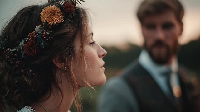 Wedding couple exits charming chapel together concept. Bride with floral crown and groom in formal attire captured in a tender moment.