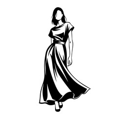 Naklejka premium Elegant Woman in Flowing Dress Black and White Illustration.