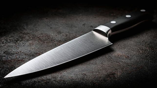 A shiny kitchen knife laying on a dark countertop, The knife is sharp with a sleek design.