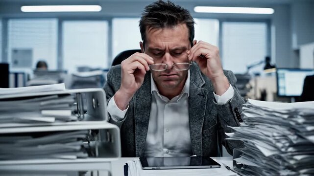 Stressed businessman sitting at office desk with stacks of papers and phone