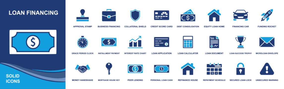 Loan financing icon set. Containing loan application, credit score, collateral shield, debt consolidation, interest chart, installment, refinance, repayment schedule and more. Solid fill vector icons 