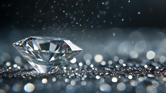 A single brilliant diamond sparkling on a bed of glitter with shimmering particles in a dark, luxurious setting.
