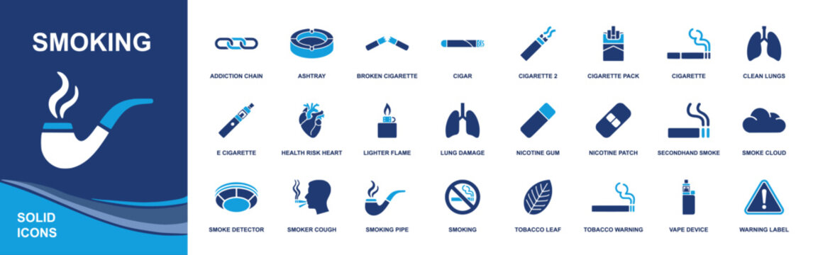 Smoking icon set. Containing cigarette, cigar, ashtray, vape, nicotine patch, addiction chain, tobacco warning, secondhand smoke, lungs, lighter and more. Solid fill vector icons collection