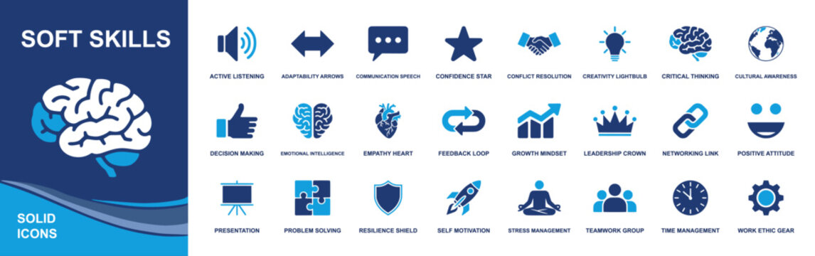 Soft skills icon set. Containing active listening, communication, confidence, conflict resolution, critical thinking, empathy, teamwork, leadership, time management and more. Solid fill vector icons c