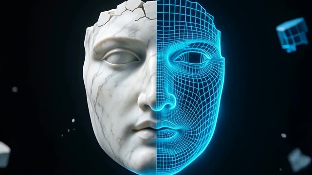 Classical Marble Statue Transforming into Digital Blue Wireframe Face 3D Render Animation