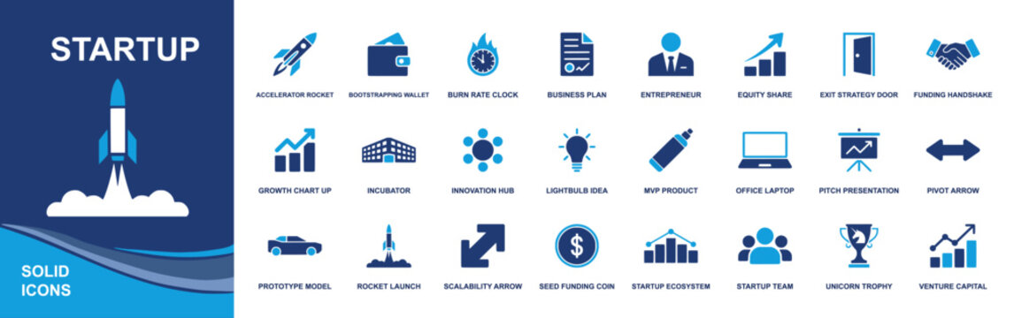 Startup icon set. Containing accelerator rocket, bootstrapping wallet, burn rate clock, business plan, pitch deck, MVP product, pivot arrow, seed funding, venture capital and more. Solid fill vector i
