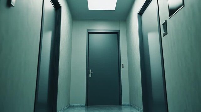 Long, narrow corridor leading to a dark closed door, creating a mysterious and uncertain atmosphere, symbolizing choices, opportunities, and the unknown ahead in a suspenseful setting