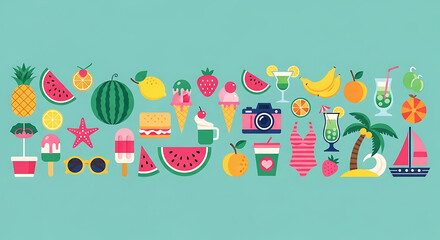 Summer fruits and travel flat lay illustration with tropical vibes, colorful food and vacation elements, vector seamless pattern