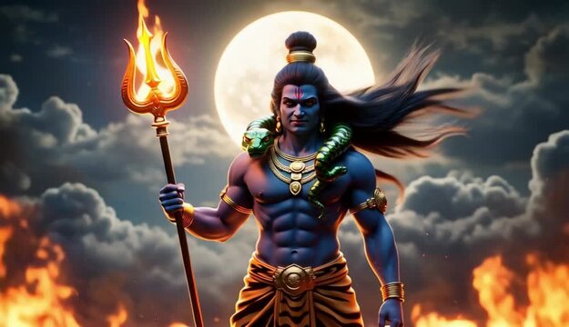 The hindu god Shiva is dancing gracefully while holding his trishula weapon of fire. He is surrounded by a cosmic background with blue and orange flames. ... See More